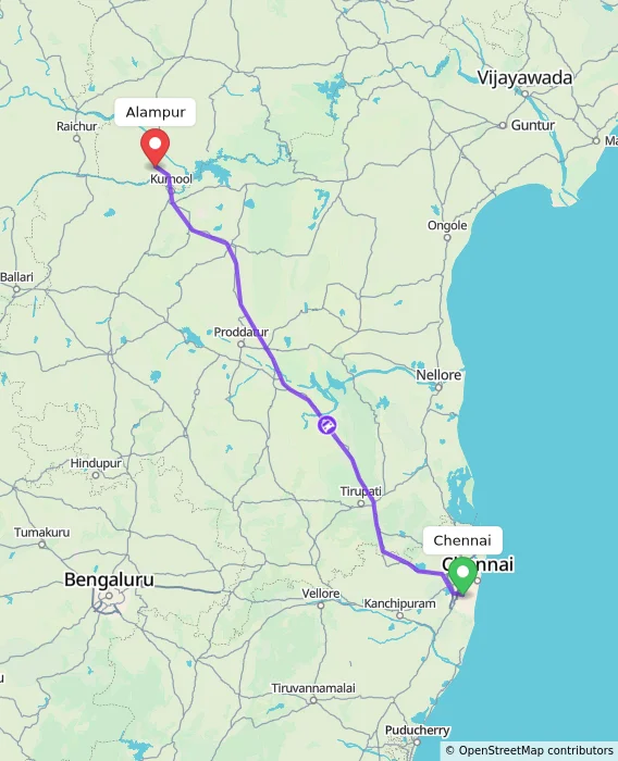 Route map showing distance and travel time from Chennai, India to Alampur, India