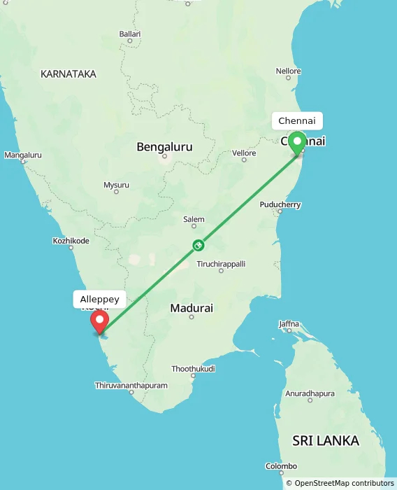Route map showing distance and travel time from Chennai, India to Alleppey, India