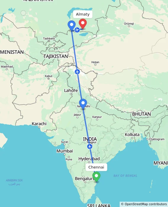 Route map showing distance and travel time from Chennai, India to Almaty, Kazakhstan