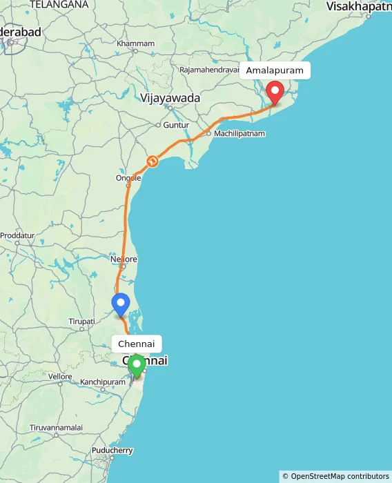 Route map showing distance and travel time from Chennai, India to Amalapuram, India