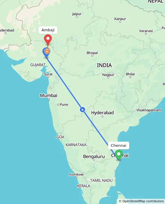 Route map showing distance and travel time from Chennai, India to Ambaji, India