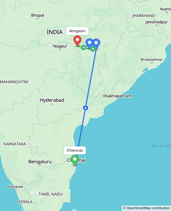Route map showing distance and travel time from Chennai, India to Amgaon, India