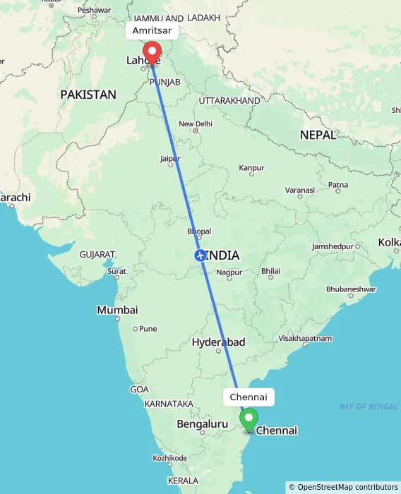 Route map showing distance and travel time from Chennai, India to Amritsar, India