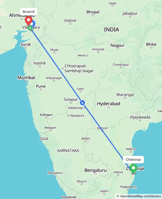 Route map showing distance and travel time from Chennai, India to Anand, India