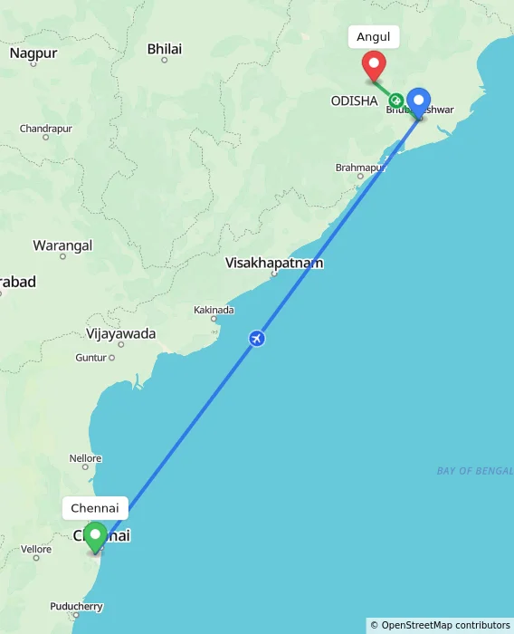 Route map showing distance and travel time from Chennai, India to Angul, India