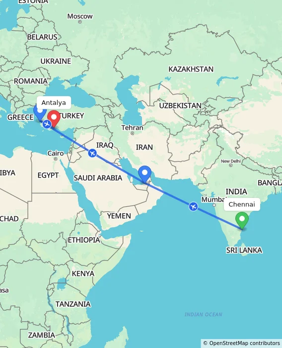 Route map showing distance and travel time from Chennai, India to Antalya, Turkey