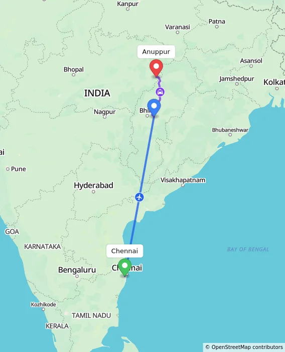 Route map showing distance and travel time from Chennai, India to Anuppur, India