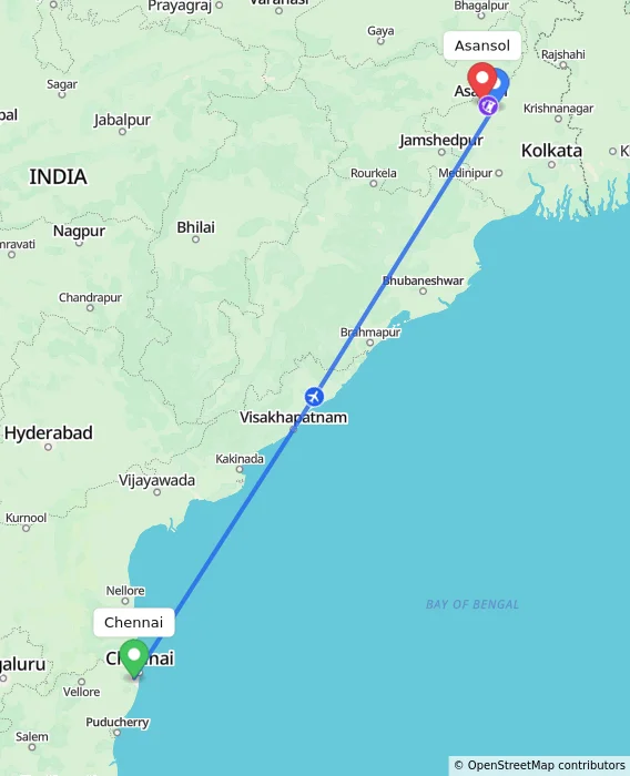 Route map showing distance and travel time from Chennai, India to Asansol, India