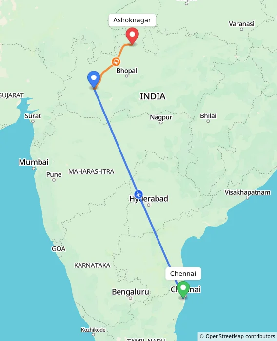 Route map showing distance and travel time from Chennai, India to Ashoknagar, India