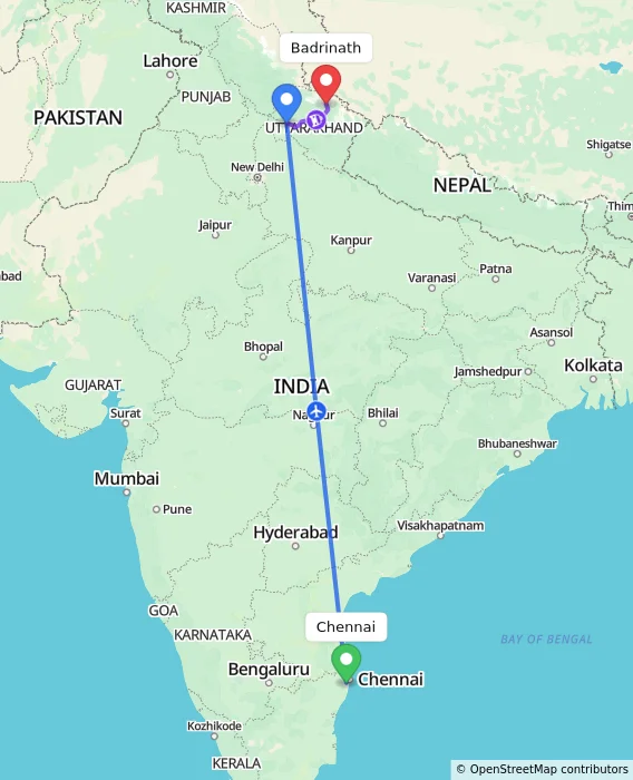 Route map showing distance and travel time from Chennai, India to Badrinath, India