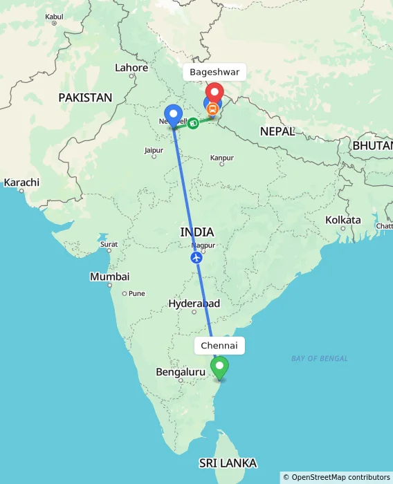 Route map showing distance and travel time from Chennai, India to Bageshwar, India