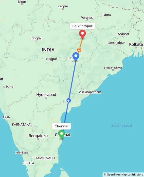 Route map showing distance and travel time from Chennai, India to Baikunthpur, India