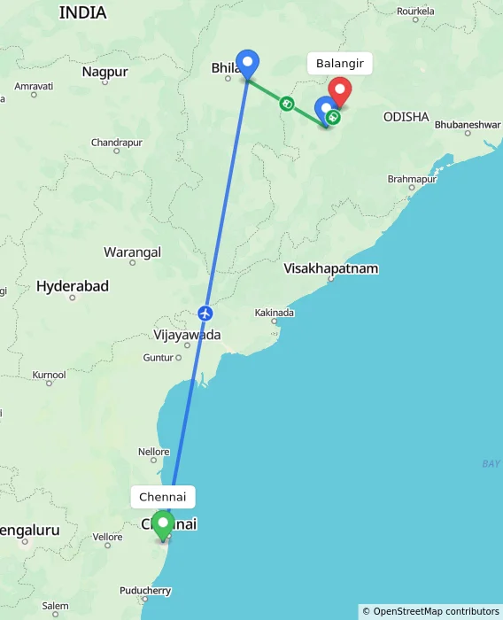 Route map showing distance and travel time from Chennai, India to Balangir, India