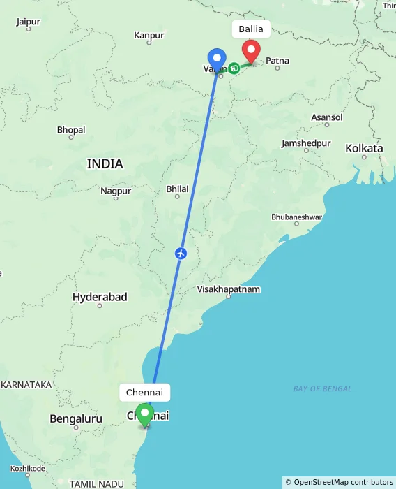 Route map showing distance and travel time from Chennai, India to Ballia, India