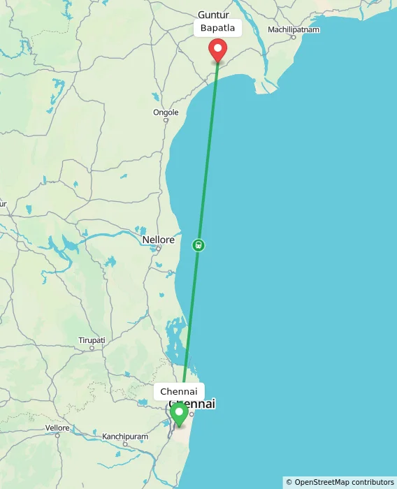 Route map showing distance and travel time from Chennai, India to Bapatla, India