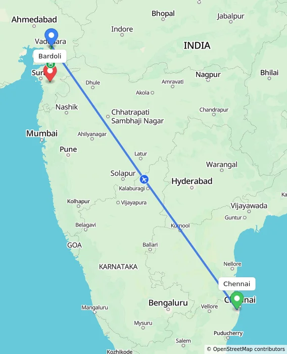 Route map showing distance and travel time from Chennai, India to Bardoli, India