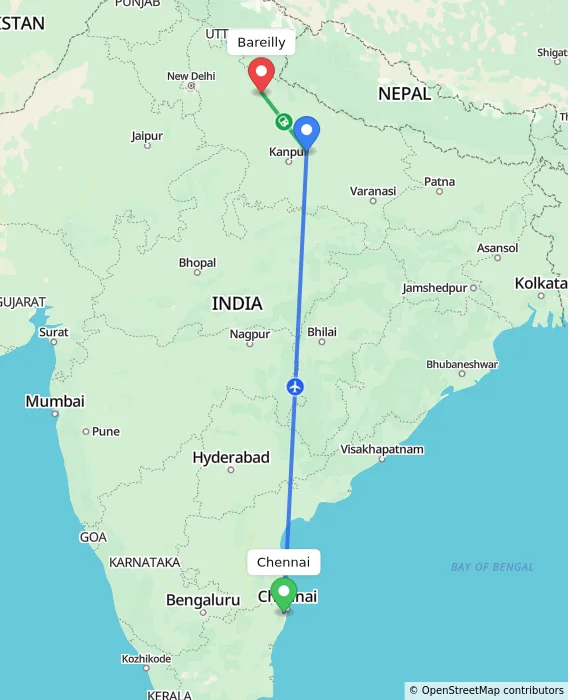 Route map showing distance and travel time from Chennai, India to Bareilly, India