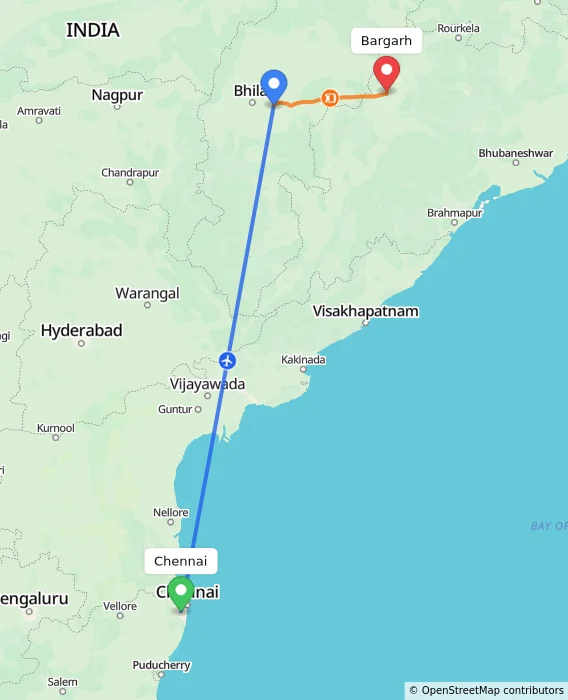 Route map showing distance and travel time from Chennai, India to Bargarh, India