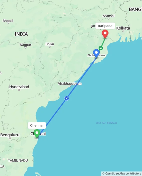 Route map showing distance and travel time from Chennai, India to Baripada, India