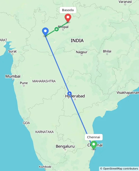 Route map showing distance and travel time from Chennai, India to Basoda, India
