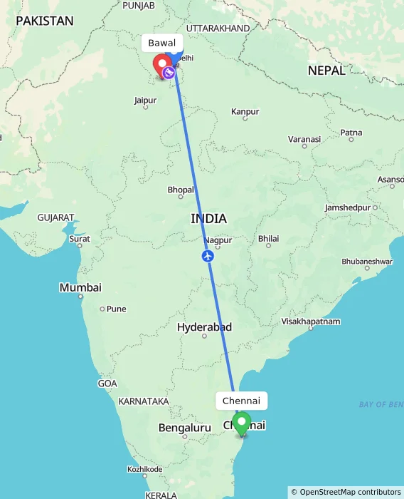 Route map showing distance and travel time from Chennai, India to Bawal, India