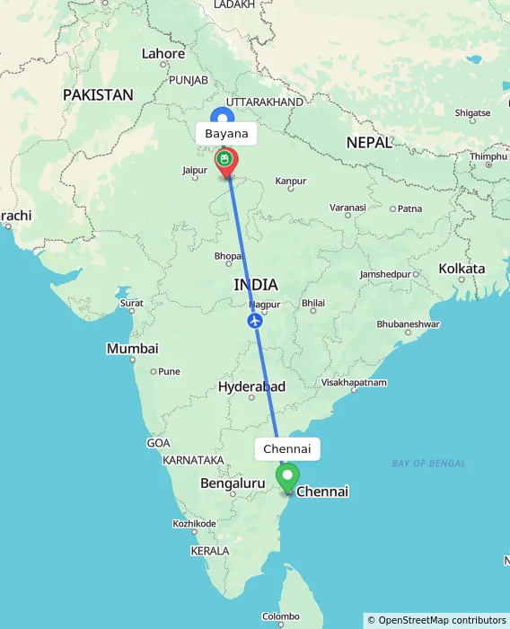 Route map showing distance and travel time from Chennai, India to Bayana, India