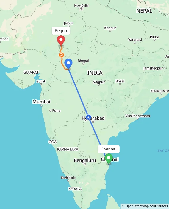 Route map showing distance and travel time from Chennai, India to Begun, India