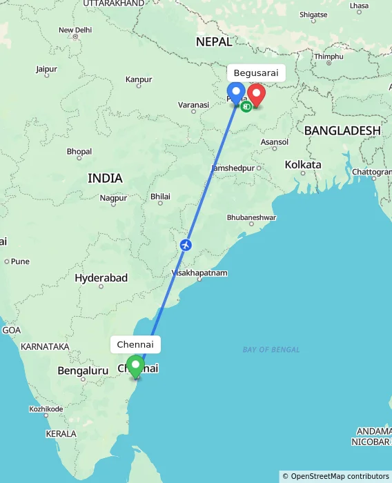 Route map showing distance and travel time from Chennai, India to Begusarai, India