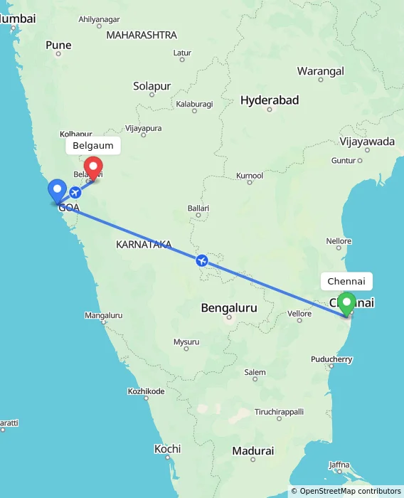Route map showing distance and travel time from Chennai, India to Belgaum, India