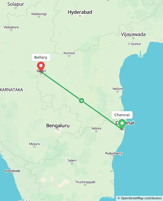 Route map showing distance and travel time from Chennai, India to Bellary, India