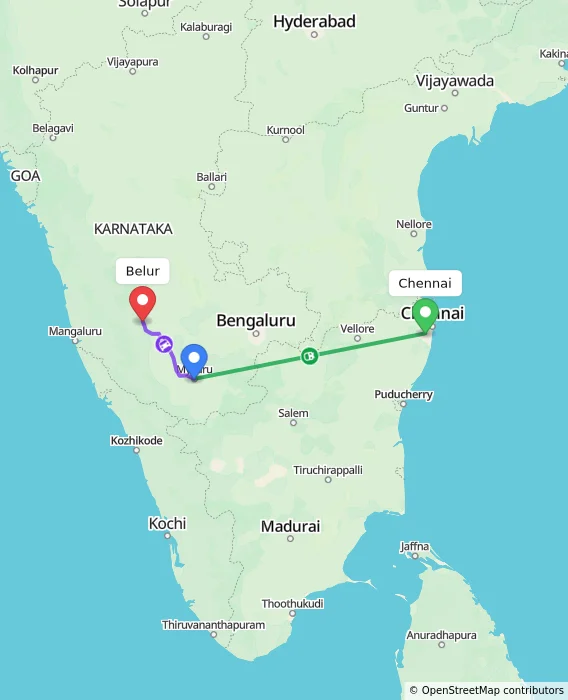 Route map showing distance and travel time from Chennai, India to Belur, India