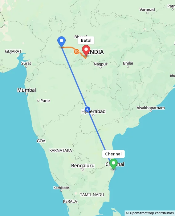 Route map showing distance and travel time from Chennai, India to Betul, India