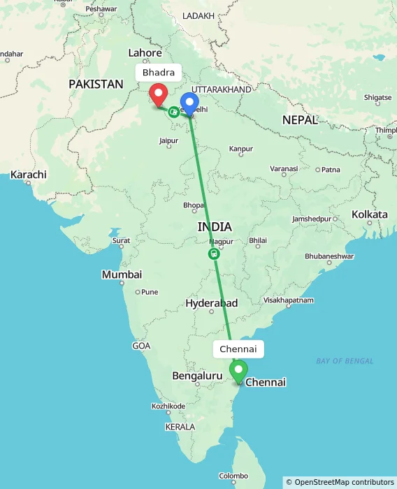 Route map showing distance and travel time from Chennai, India to Bhadra, India
