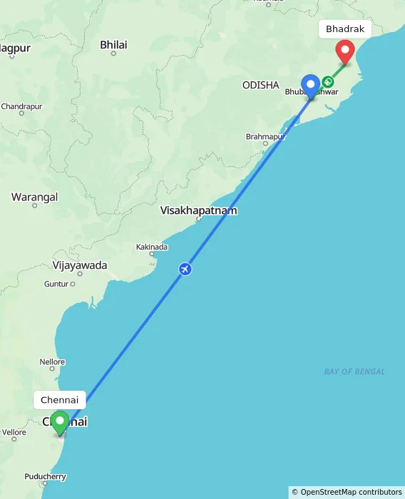 Route map showing distance and travel time from Chennai, India to Bhadrak, India