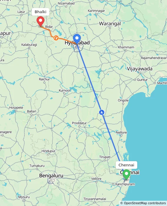 Route map showing distance and travel time from Chennai, India to Bhalki, India