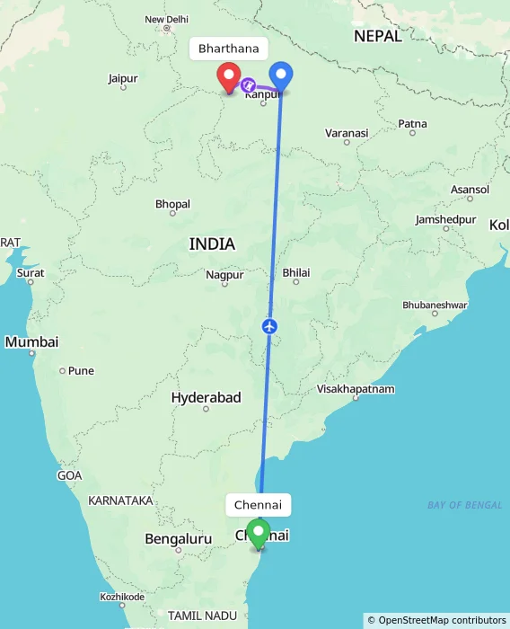 Route map showing distance and travel time from Chennai, India to Bharthana, India