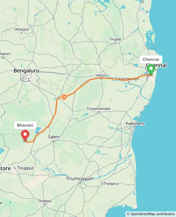Route map showing distance and travel time from Chennai, India to Bhavani, India