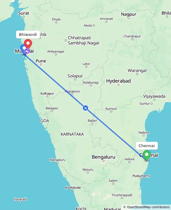 Route map showing distance and travel time from Chennai, India to Bhiwandi, India