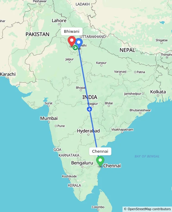 Route map showing distance and travel time from Chennai, India to Bhiwani, India