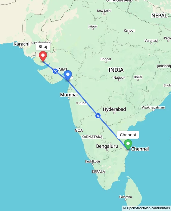 Route map showing distance and travel time from Chennai, India to Bhuj, India