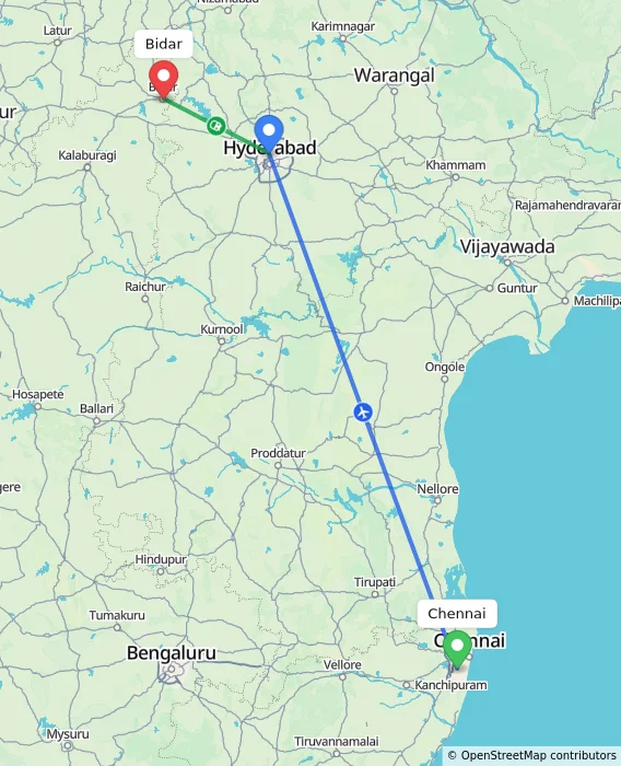 Route map showing distance and travel time from Chennai, India to Bidar, India