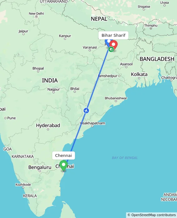 Route map showing distance and travel time from Chennai, India to Bihar Sharif, India