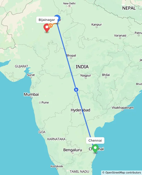 Route map showing distance and travel time from Chennai, India to Bijainagar, India