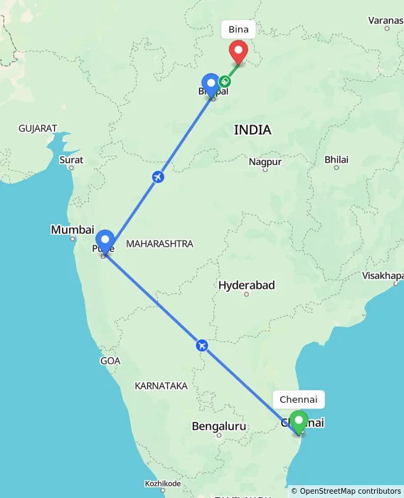 Route map showing distance and travel time from Chennai, India to Bina, India