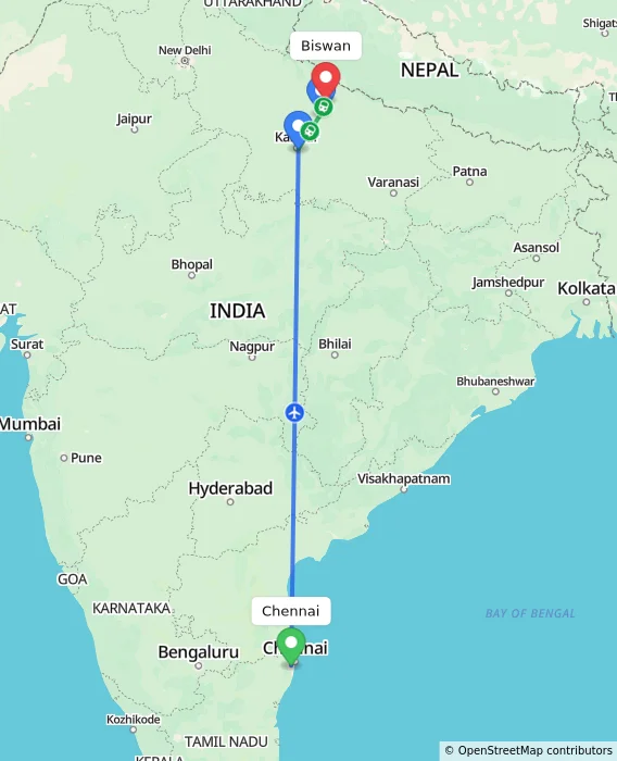 Route map showing distance and travel time from Chennai, India to Biswan, India