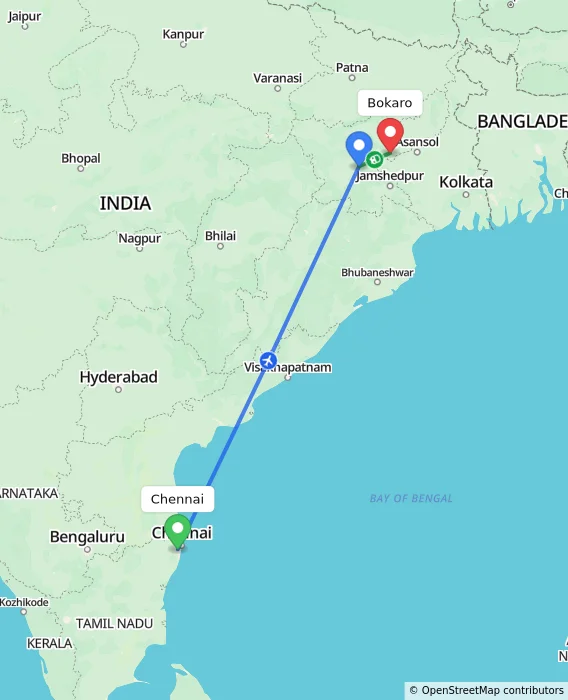 Route map showing distance and travel time from Chennai, India to Bokaro, India