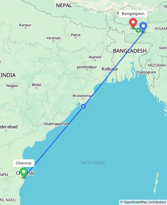 Route map showing distance and travel time from Chennai, India to Bongaigaon, India