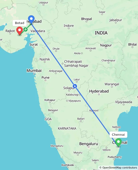 Route map showing distance and travel time from Chennai, India to Botad, India