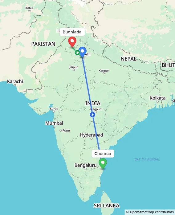 Route map showing distance and travel time from Chennai, India to Budhlada, India