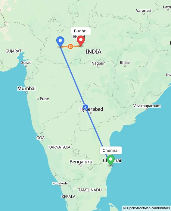 Route map showing distance and travel time from Chennai, India to Budhni, India